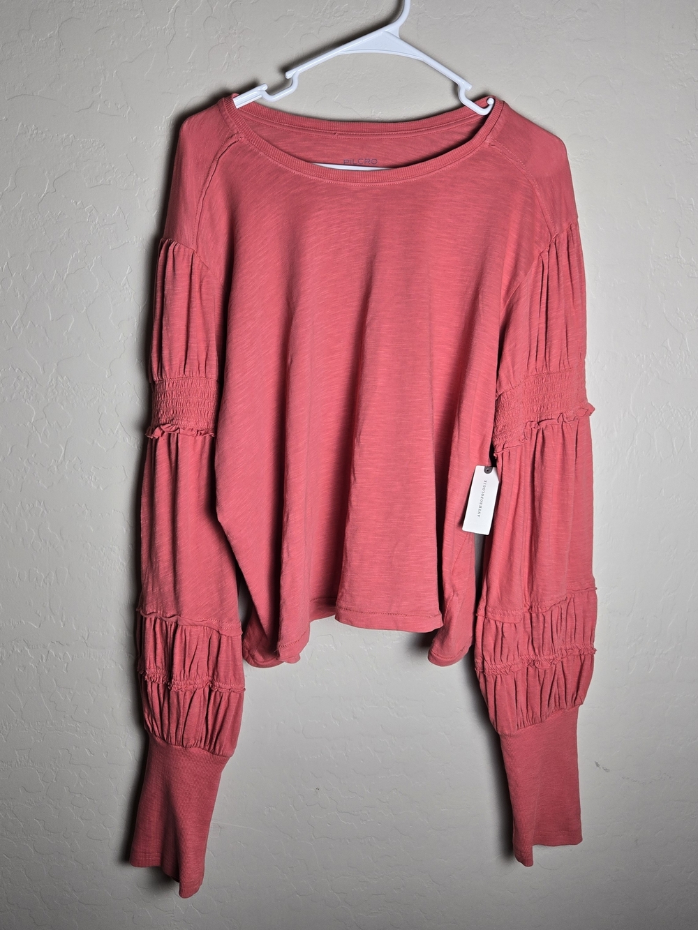 Anthropologie Pilcro Crew-Neck Smocked Ruched Top Rose Pink Rust XL